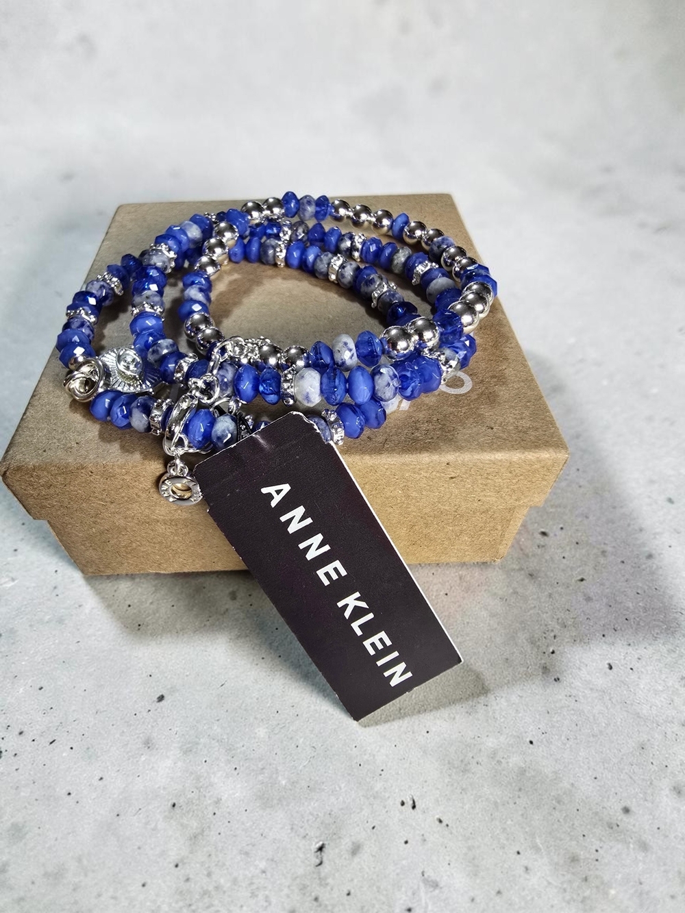 Anne Klein Blue Beaded Multi Strand Stretch Bracelet Silver Charms NWT - Picture 2 of 4